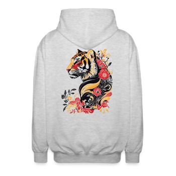 Jugendstil - bunter Tiger und Blumen - Unisex Kapuzenjacke - Hellgrau meliert - Hinten - AI Model Male 185 light (185cm)