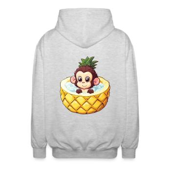 affe badet in Ananas - Lustiges Sommerdesign - Unisex Kapuzenjacke - Hellgrau meliert - Hinten - AI Model Male 185 light (185cm)