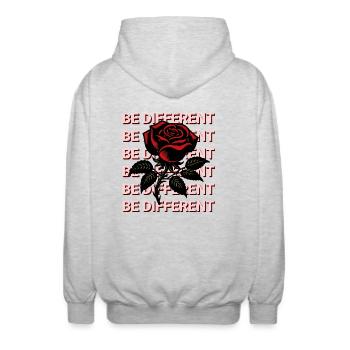 SOYEZ DIFFÉRENT – Rose Rouge, Amour-Propre, Positivité - Veste à capuche unisexe - gris clair chiné - Dos - AI Model Male 185 light (185cm)
