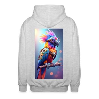 Colorful Steampunk Parrot - Unisex Hooded Jacket - light heather grey - Back - AI Model Male 185 light (185cm)