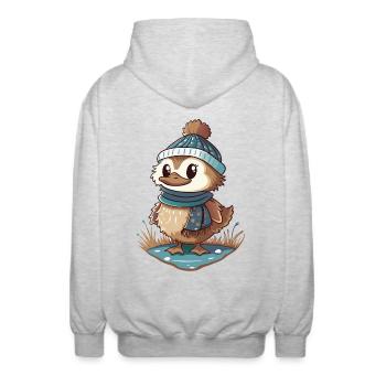 Canard mignon avec écharpe et chapeau à pompon. - Veste à capuche unisexe - gris clair chiné - Dos - AI Model Male 185 light (185cm)