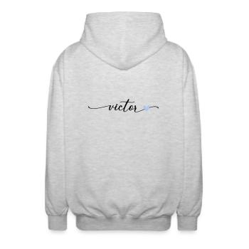 Police de calligraphie Victor Name - Veste à capuche unisexe - gris clair chiné - Dos - AI Model Male 185 light (185cm)