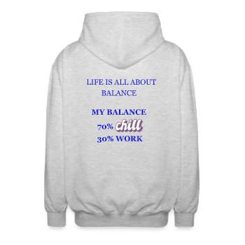 LIFE IS ALL ABOUT BALANCE- CHILL AND WORK Geschenk - Unisex Kapuzenjacke - Hellgrau meliert - Hinten - AI Model Male 185 light (185cm)