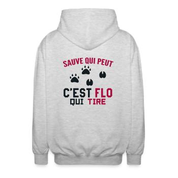 C'est Flo Qui Tire Humour Chaseur Florian Florent - Veste à capuche unisexe - gris clair chiné - Dos - AI Model Male 185 light (185cm)