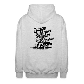 Escape Is Useless When the World Burns - Unisex Hooded Jacket - light heather grey - Back - AI Model Male 185 light (185cm)