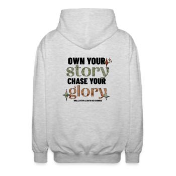 Own Your Story – Chase Your Glory - Unisex Kapuzenjacke - Hellgrau meliert - Hinten - AI Model Male 185 light (185cm)