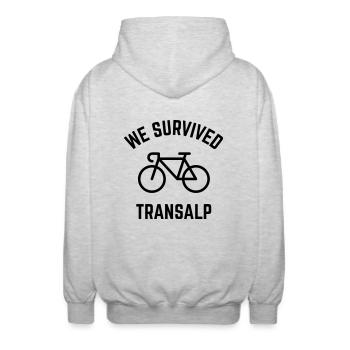 We Survived Transalp (Alps / Racing Bike) - Unisex Hooded Jacket - light heather grey - Back - AI Model Male 185 light (185cm)