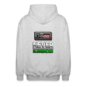 NEVER SURRENDER (Grün) + NES Controller - Gaming - Unisex Kapuzenjacke - Hellgrau meliert - Hinten - AI Model Male 185 light (185cm)
