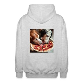 Deux chiens mangeant de la pizza salami - Veste à capuche unisexe - gris clair chiné - Dos - AI Model Male 185 light (185cm)