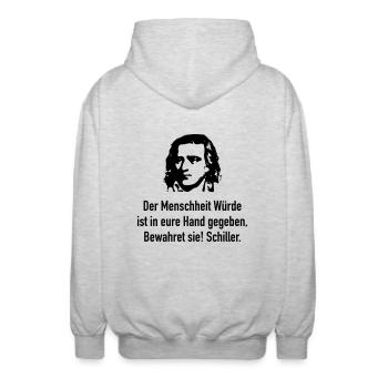 Schiller: Der Menschheit Würde ist in eure Hand g - Unisex Kapuzenjacke - Hellgrau meliert - Hinten - AI Model Male 185 light (185cm)
