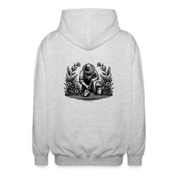 Hobbygärtner beim gärtnern im Blumenbeet - Unisex Kapuzenjacke - Hellgrau meliert - Hinten - AI Model Male 185 light (185cm)