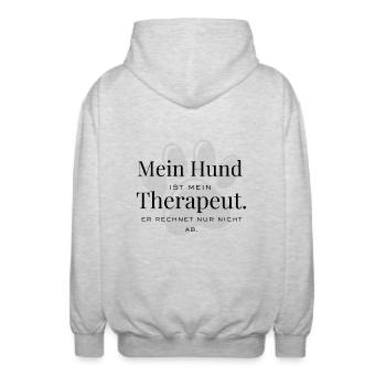 Mein Hund – mein Therapeut auf vier Pfoten - Unisex Kapuzenjacke - Hellgrau meliert - Hinten - AI Model Male 185 light (185cm)