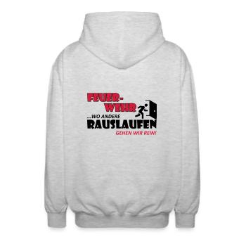 Wo andere rauslaufen gehen wir rein - Feuerwehr - Unisex Kapuzenjacke - Hellgrau meliert - Hinten - AI Model Male 185 light (185cm)