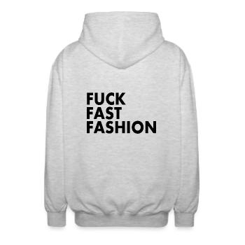 Fuck fast fashion - Veste à capuche unisexe - gris clair chiné - Dos - AI Model Male 185 light (185cm)