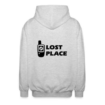 Geocaching GPS Lost Place Cache - Veste à capuche unisexe - gris clair chiné - Dos - AI Model Male 185 light (185cm)