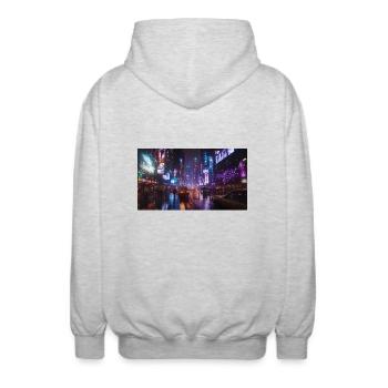 Cyberpunk Stadt2 - Unisex Kapuzenjacke - Hellgrau meliert - Hinten - AI Model Male 185 light (185cm)