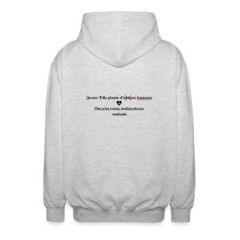 Jeune fille humour milliardaire - Veste à capuche unisexe - gris clair chiné - Dos - AI Model Male 185 light (185cm)