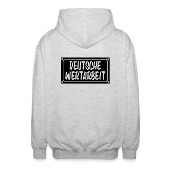 Deutsche Wertarbeit Schild - Unisex Kapuzenjacke - Hellgrau meliert - Hinten - AI Model Male 185 light (185cm)