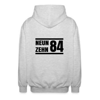 Neunzehn84 / 1984 / Jahrgang - Unisex Kapuzenjacke - Hellgrau meliert - Hinten - AI Model Male 185 light (185cm)
