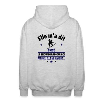Elle m a dit le snowboard,Snowboarder,Snowboard - Veste à capuche unisexe - gris clair chiné - Dos - AI Model Male 185 light (185cm)