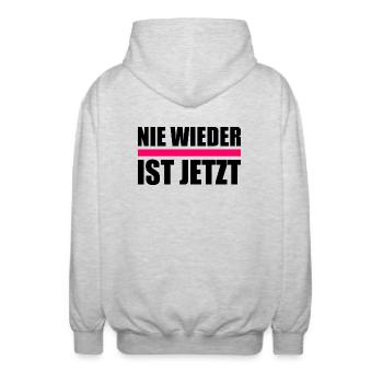 Nie wieder ist jetzt - Unisex Kapuzenjacke - Hellgrau meliert - Hinten - AI Model Male 185 light (185cm)