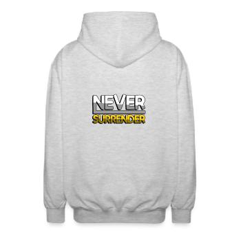 NEVER SURRENDER (Gelb) - Gaming - Unisex Kapuzenjacke - Hellgrau meliert - Hinten - AI Model Male 185 light (185cm)