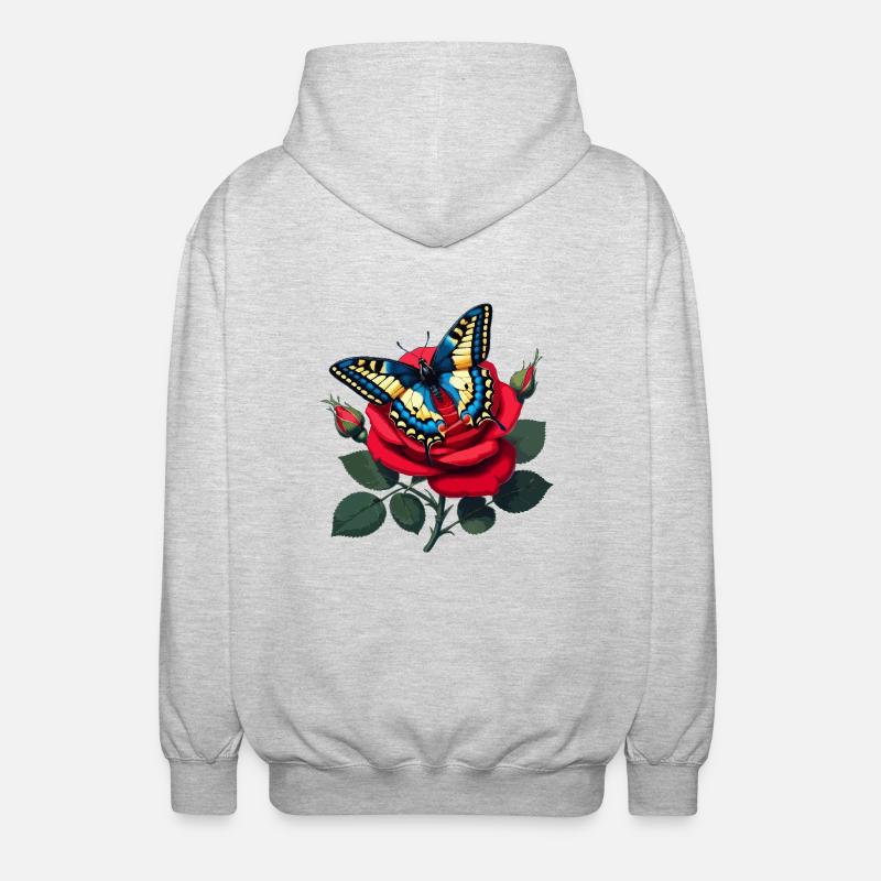 Machaon sur rose rouge - Veste à capuche unisexe - gris clair chiné