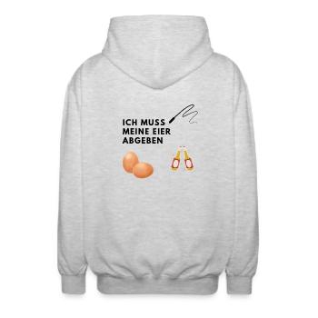 JGA, Eier abgeben, Peitsche, Bier - Unisex Kapuzenjacke - Hellgrau meliert - Hinten - AI Model Male 185 light (185cm)