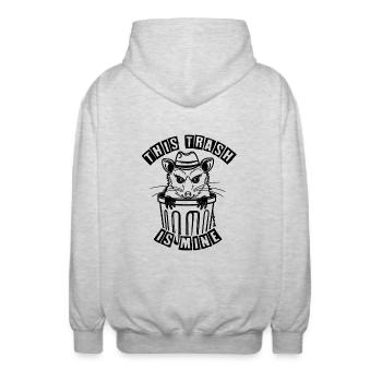 Trash possum with hat looking out of the garbage can - Unisex Hooded Jacket - light heather grey - Back - AI Model Male 185 light (185cm)