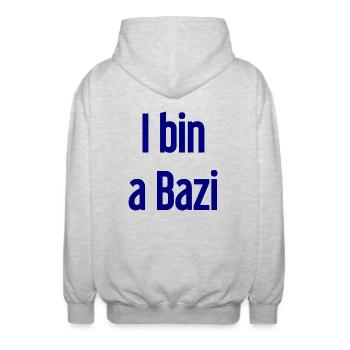 Je suis un Bazi – proverbe bavarois avec humour - Veste à capuche unisexe - gris clair chiné - Dos - AI Model Male 185 light (185cm)