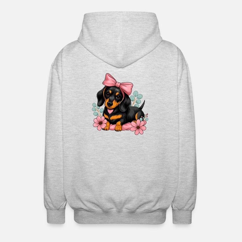Dackel mit Pinker Schleife und Blumen - Unisex Kapuzenjacke - Hellgrau meliert