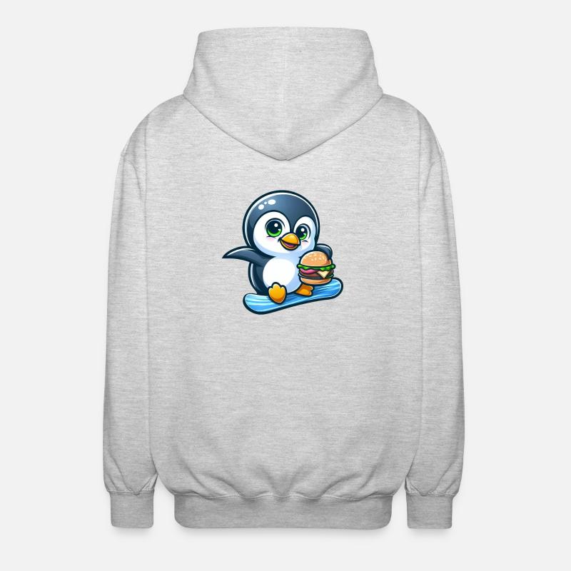 Cool penguin snowboarder with burger - Unisex Hooded Jacket - light heather grey