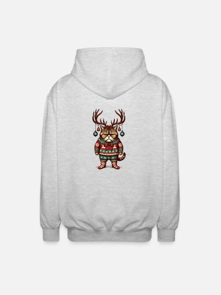 Grumpy Christmas cat with antlers - Unisex Hooded Jacket - light heather grey