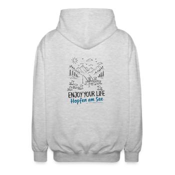 Hopfen am See Urlaub Enjoy your Life - Unisex Kapuzenjacke - Hellgrau meliert - Hinten - AI Model Male 185 light (185cm)