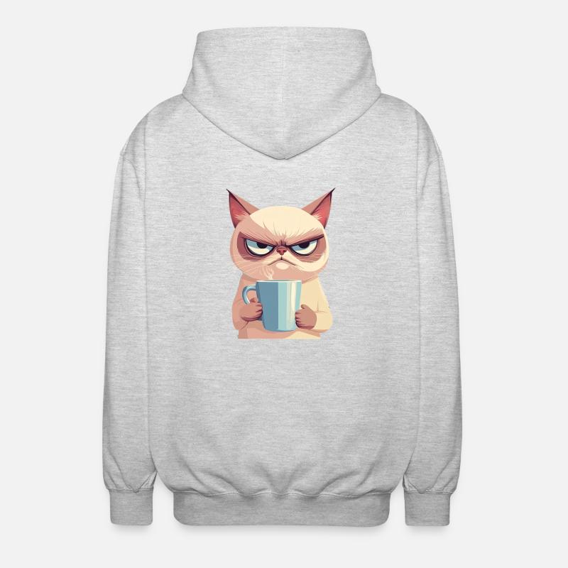 Grumpy-Stil: Grantige Katze mit Kaffee - Unisex Kapuzenjacke - Hellgrau meliert