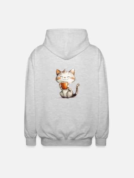 Happy cat with coffee - Unisex Hooded Jacket - light heather grey