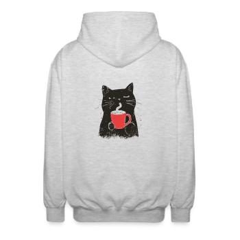 Vintage Katze mit Kaffee - Linolschnitt-Stil - Unisex Kapuzenjacke - Hellgrau meliert - Hinten - AI Model Male 185 light (185cm)