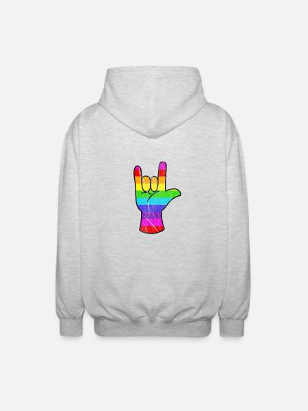 Rainbow Hand Rocking LGBT Pride - Unisex Hooded Jacket - light heather grey