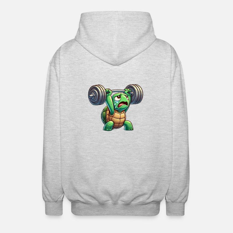 Exhausted turtle with dumbbell cartoon - Unisex Hooded Jacket - light heather grey