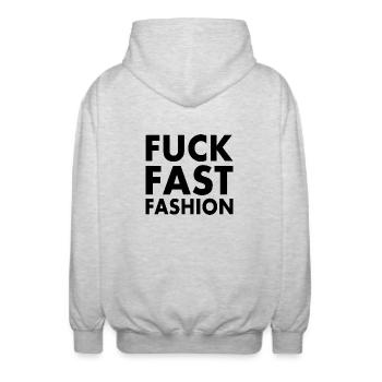 Fuck fast fashion - Veste à capuche unisexe - gris clair chiné - Dos - AI Model Male 185 light (185cm)