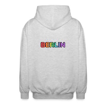 Lettres en dégradé arc-en-ciel de Berlin LGBT - Veste à capuche unisexe - gris clair chiné - Dos - AI Model Male 185 light (185cm)