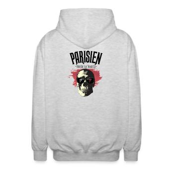Parisien Hasta La Muerte - 77 - Veste à capuche unisexe - gris clair chiné - Dos - AI Model Male 185 light (185cm)