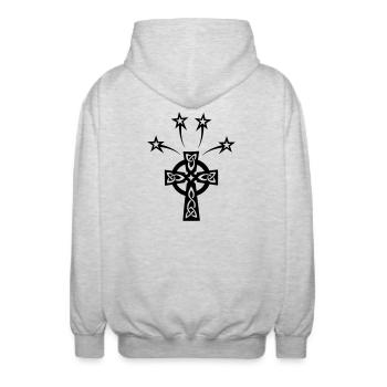 Keltisches Kreuz 5 leuchtende Sterne - Unisex Kapuzenjacke - Hellgrau meliert - Hinten - AI Model Male 185 light (185cm)