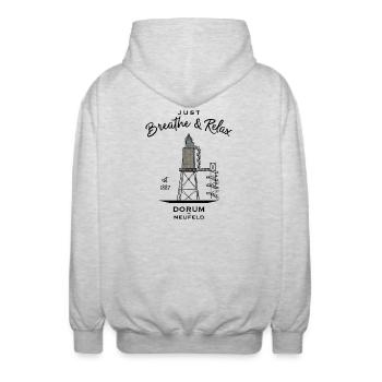 Leuchtturm Dorum Neufeld, Deutsche Nordseeküste - Unisex Kapuzenjacke - Hellgrau meliert - Hinten - AI Model Male 185 light (185cm)