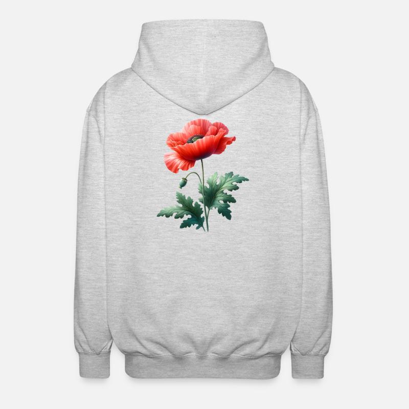 Mohnblumenmotiv: Eine leuchtend rote Mohnblume - Unisex Kapuzenjacke - Hellgrau meliert