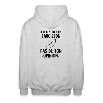 Saucisse humour - Veste à capuche unisexe - gris clair chiné - Dos - AI Model Male 185 light (185cm)