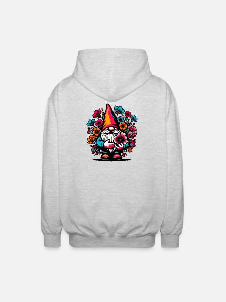 Gnome with Flowers - Unisex Hooded Jacket - light heather grey