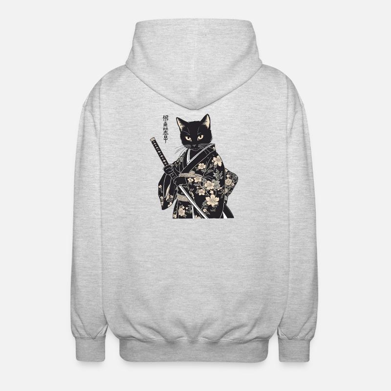 Samurai Katze – moderner japanischer Style - Unisex Kapuzenjacke - Hellgrau meliert