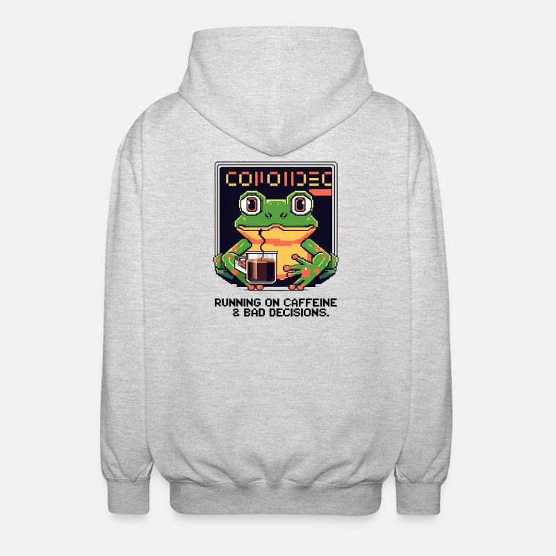 Pixel Frog – Caffeine & Bad Decisions - Unisex Kapuzenjacke - Hellgrau meliert