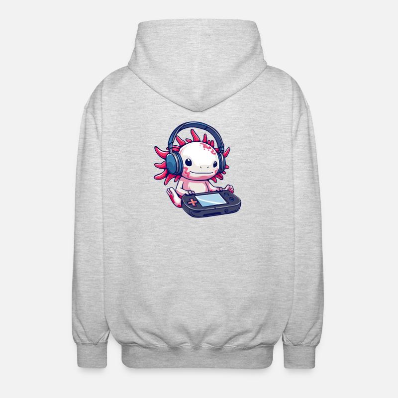 Axolotl mit Kopfhörern und Gaming-Controller - Unisex Kapuzenjacke - Hellgrau meliert